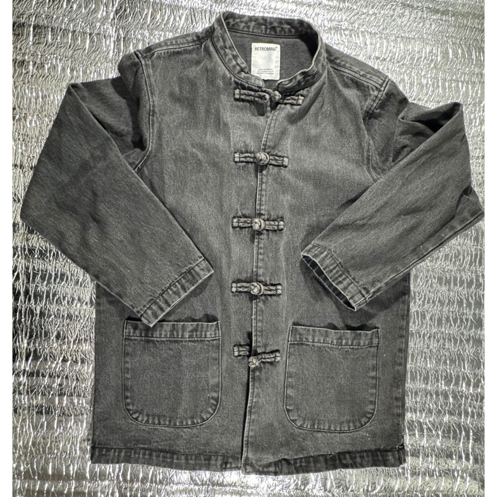 Retromind Black Denim Chore Jacket Mandarin Collar Frog Button Streetwear
